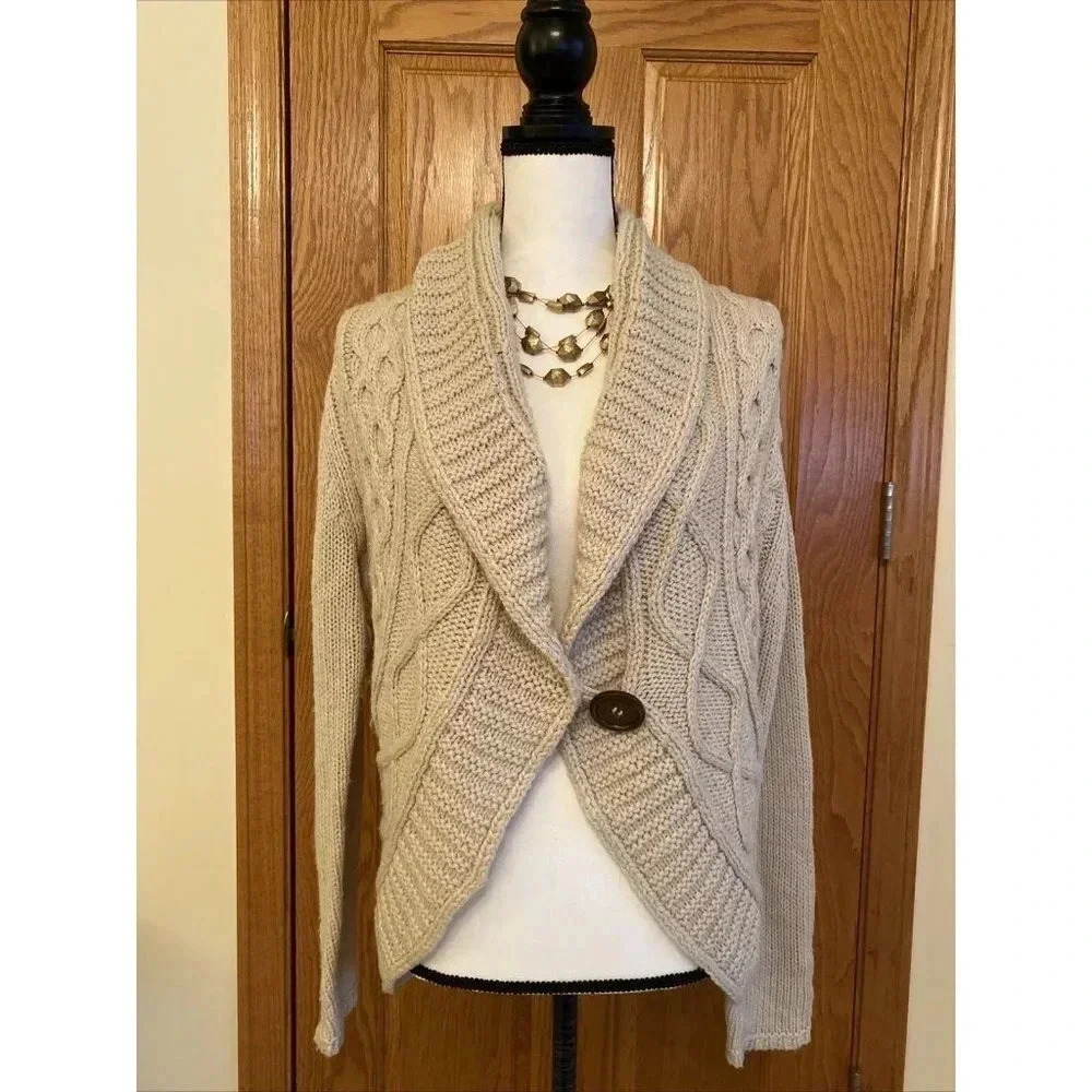 Madison Lily Cardigan Women's L Open Front Button Acrylic Beige
